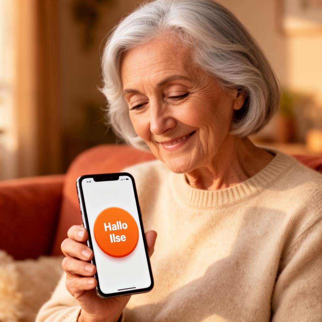 Ältere Frau lächelt und hält ein Smartphone mit dem großen orangen Hallo-ILSE-Knopf